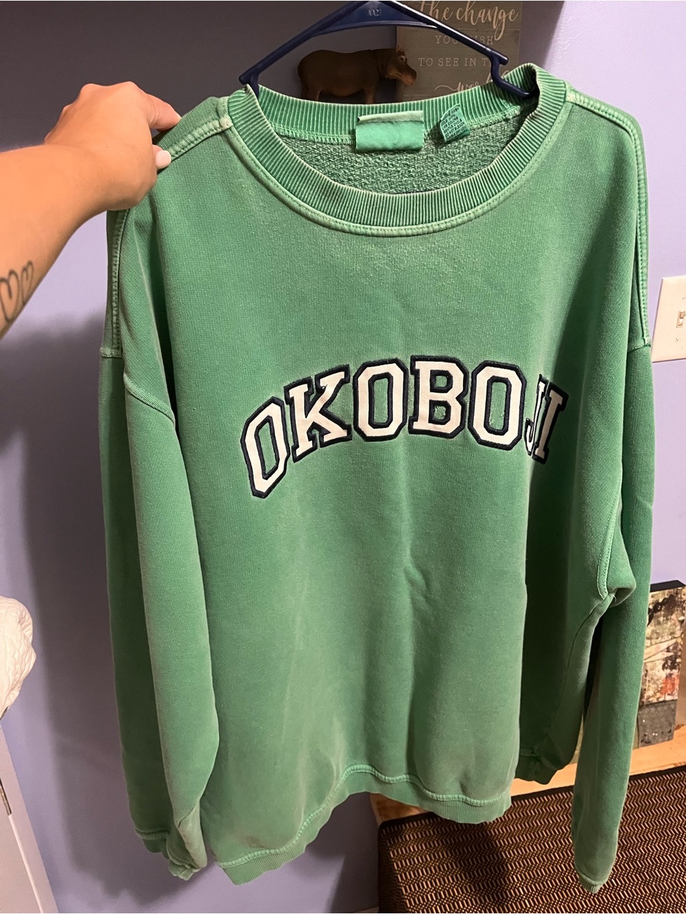 Mint OKOBOJI Men's Crewneck Sweatshirt - Green with White & Black Lettering